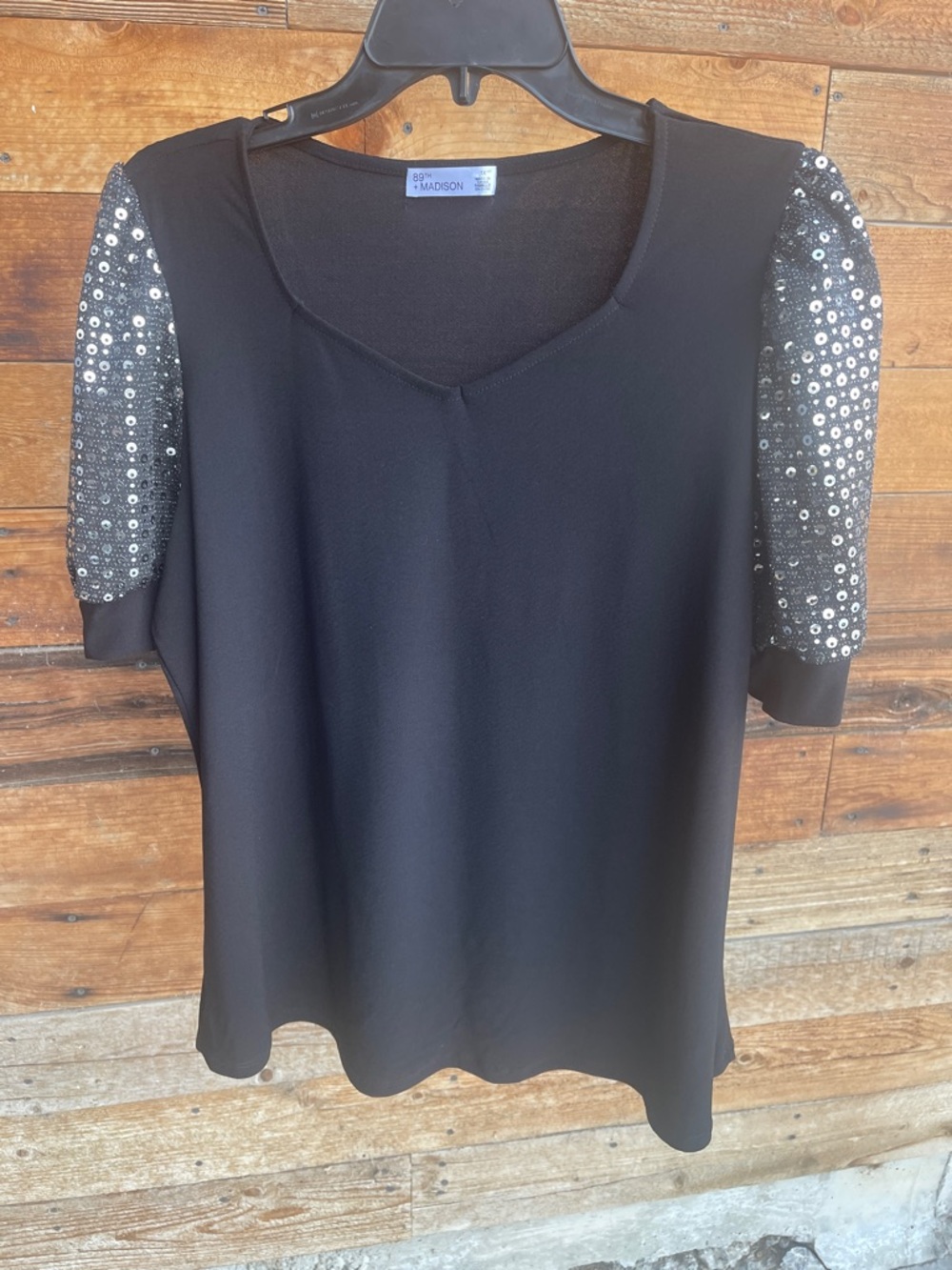 Black Sequin Sleeve V-Neck Women's Top